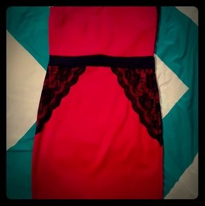 Strapless red dress with black lace